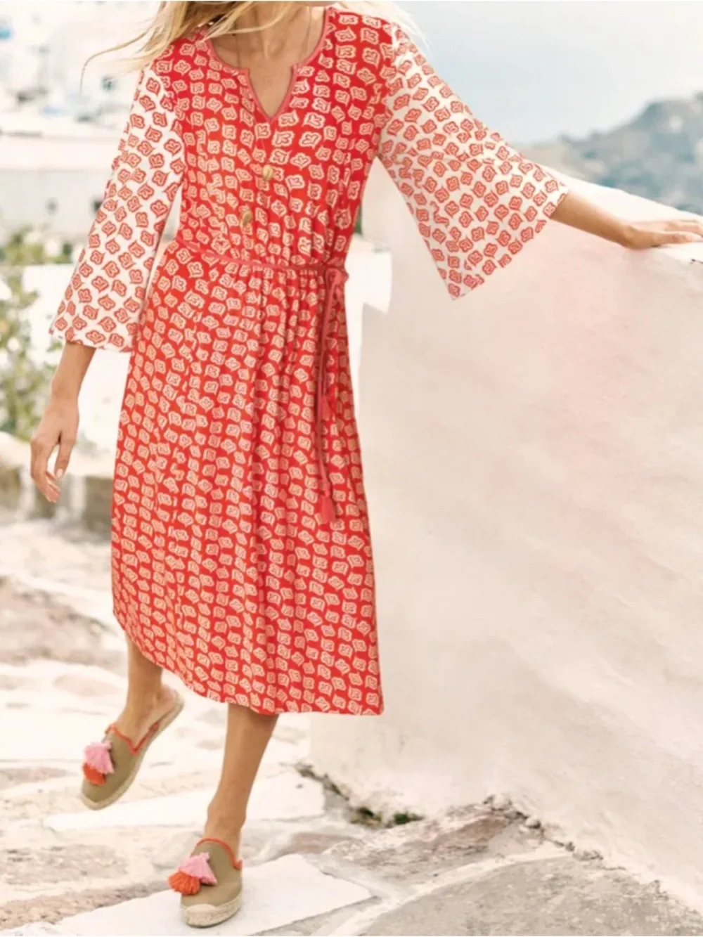 boden bella jersey dress Boden Bella J0340 Jersey Midi Dress Boho Batik Stretch Belt 3/4 Flare Red Size 6
